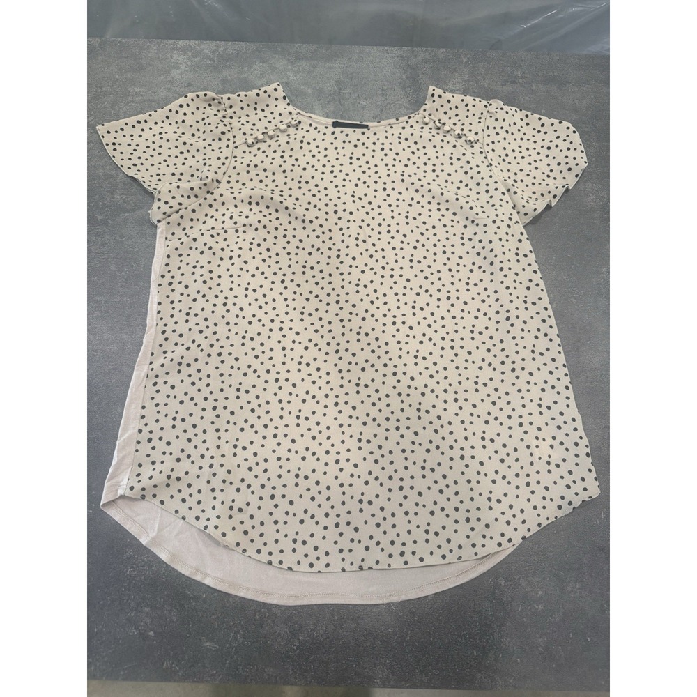 Fortune + Ivy Womens Polka Dot Round Neck Blouse Flutter Sleeve Size L Beige